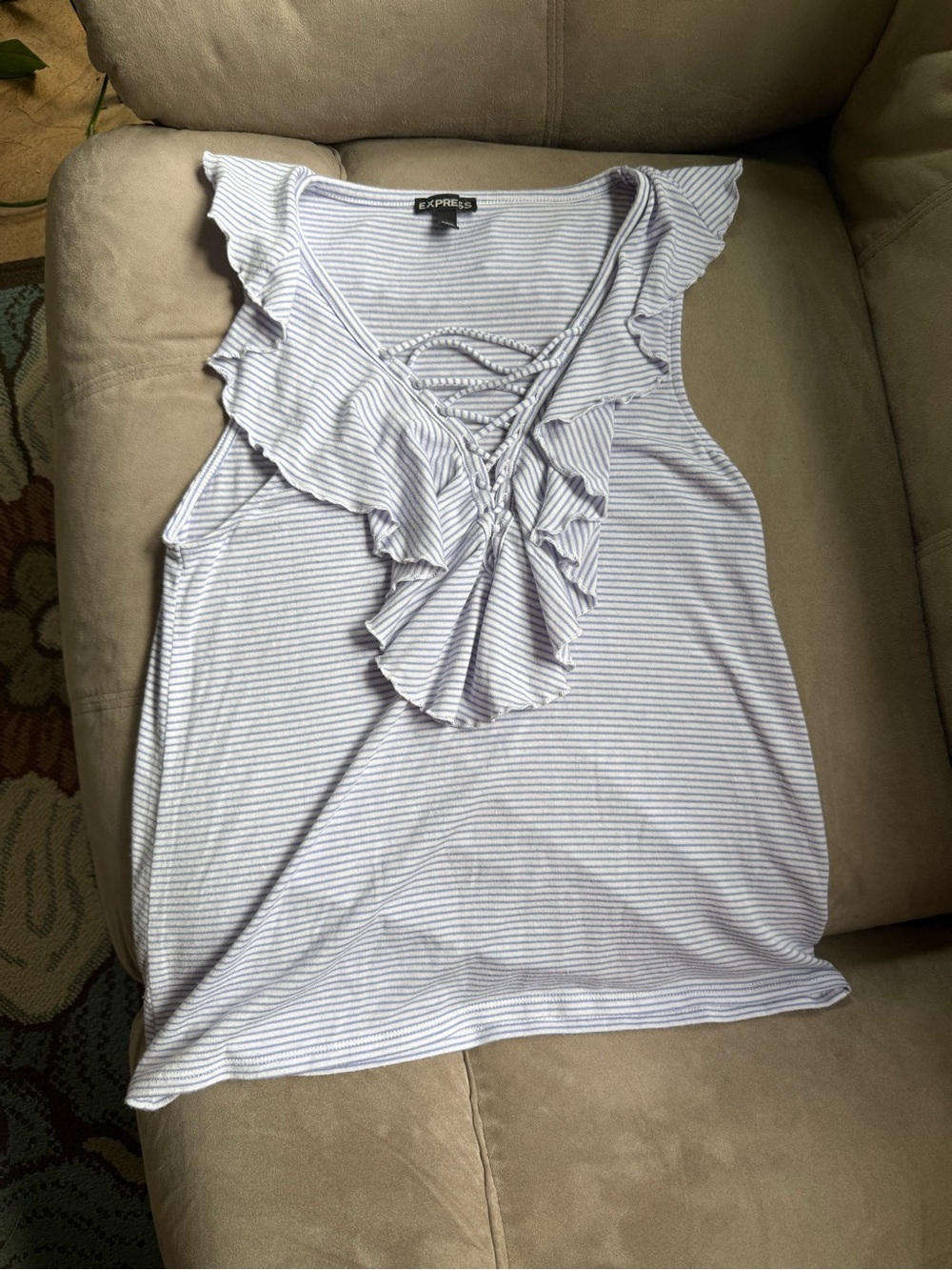 Express Light Blue & White Striped Ruffle V-Neck Tank with Lace-Up Front